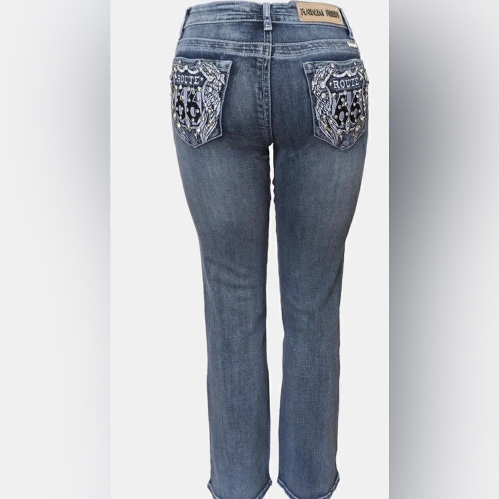 NEW Platinum Plush Route 66 Biker Rhinestone Jeans